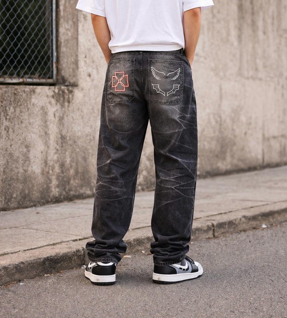 Jeans baggy bordado duki color negro despintado