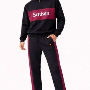 Conjunto frizado buzo y pantalon combinado negro y bordo